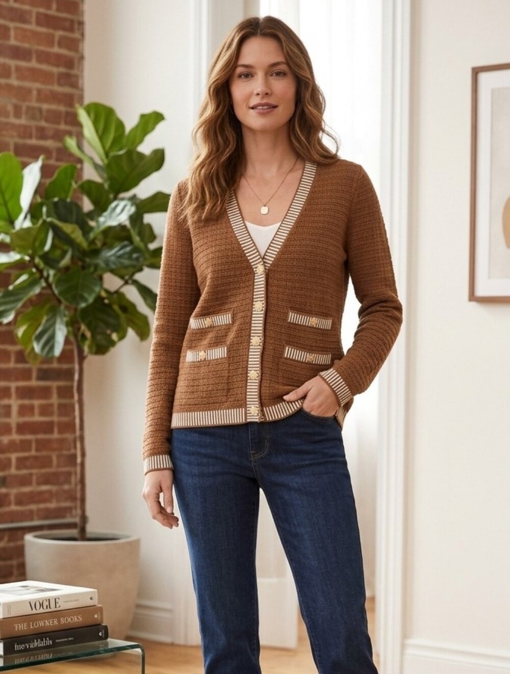 Talbots Plaited Trim V-Neck Cardigan Sierra Brown Ivory Knit Sweater Size Small